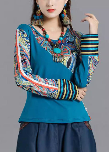 Blue O Neck Print Patchwork Cotton Tops Spring