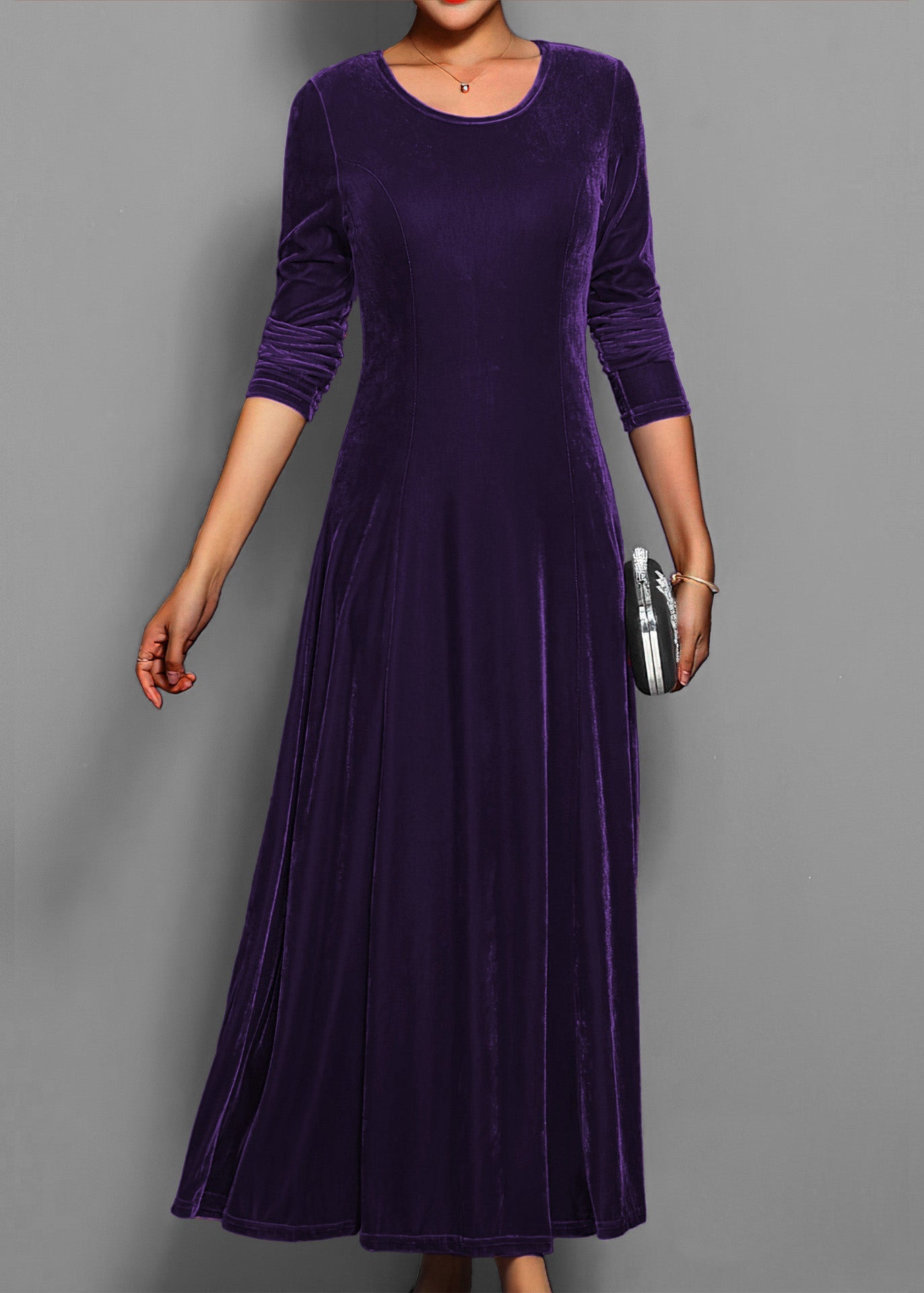 Classy Blue O Neck Slim Fit Velvet Long Dress Fall