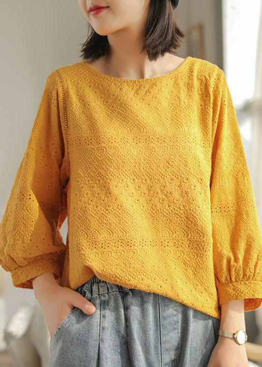 Diy Yellow Hollow Out Embroidered Fall Long Sleeve Tops