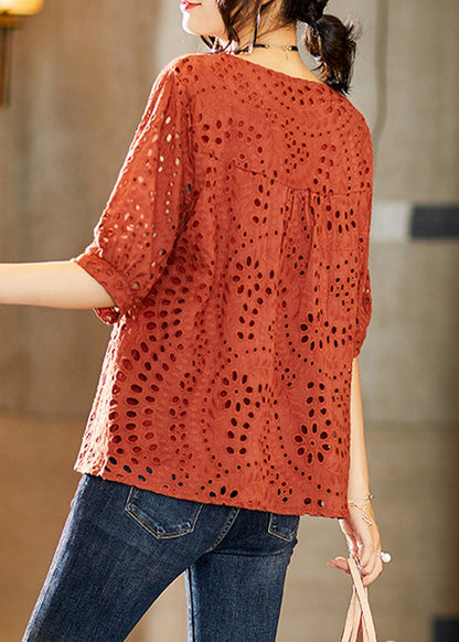 Brick Red O Neck Hollow Out Cotton T Shirt Half Sleeve
