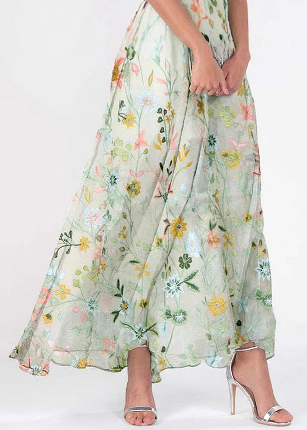 Green V Neck Print Chiffon Long Dresses Summer
