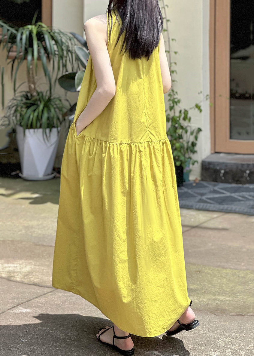 Yellow Pockets Cotton Long Dress Sleeveless