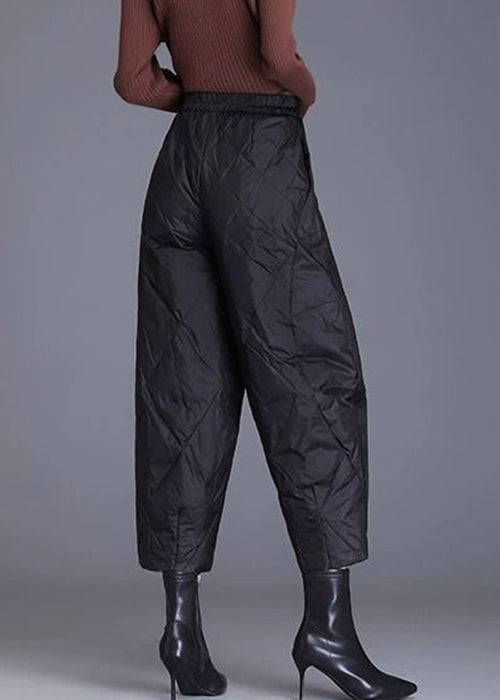 Black Plaid Fine Cotton Filled Crop Pants Elastic Waist