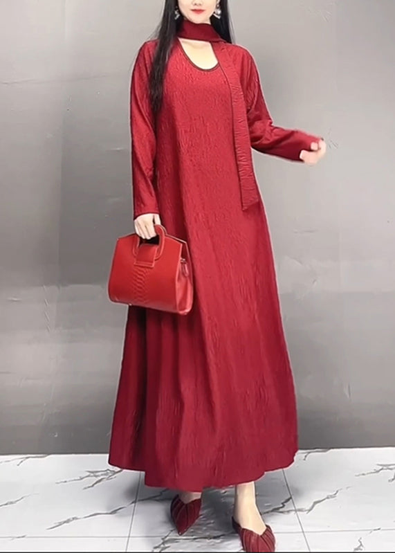 Red O-neck Wrinkled Maxi Dresses Fall