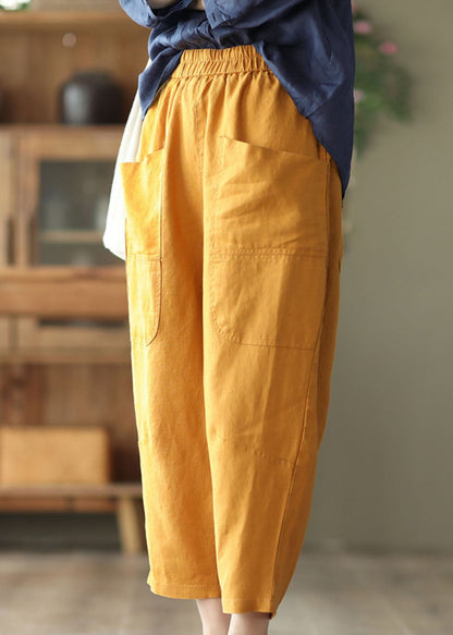 Yellow Elastic Waist Pockets Linen Harem Pants Spring