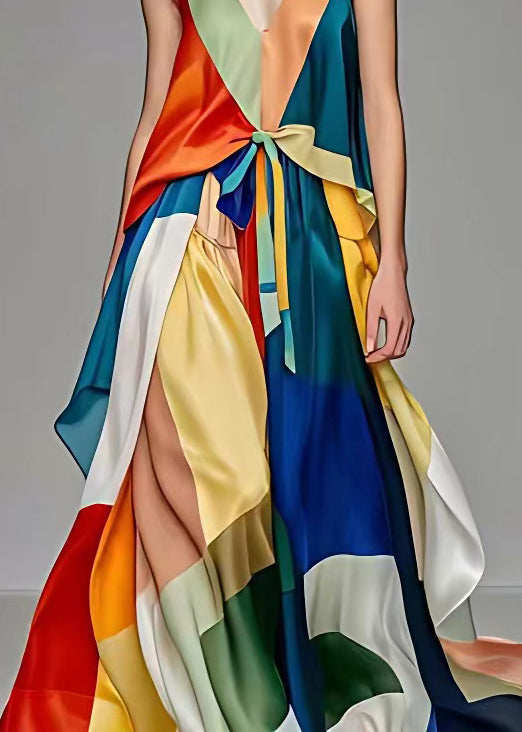 V Neck Lace Up Patchwork Silk Long Dresses Sleeveless
