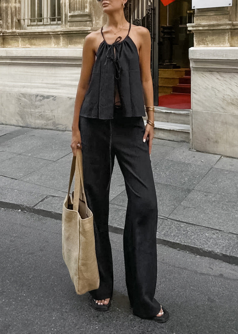 Original Design Black Lace Up Tops and Pants Two Pieces Set Summer