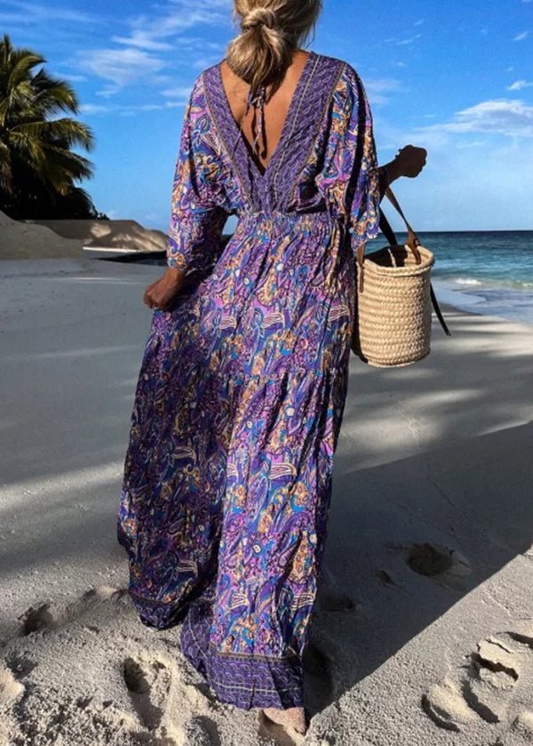 Purple V Neck Print Wrinkled Cotton Maxi Dresses Summer