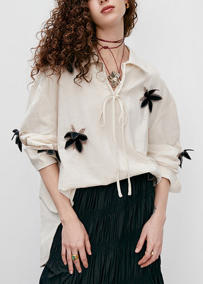 Boutique Beige Peter Pan Collar Cotton Top Fall
