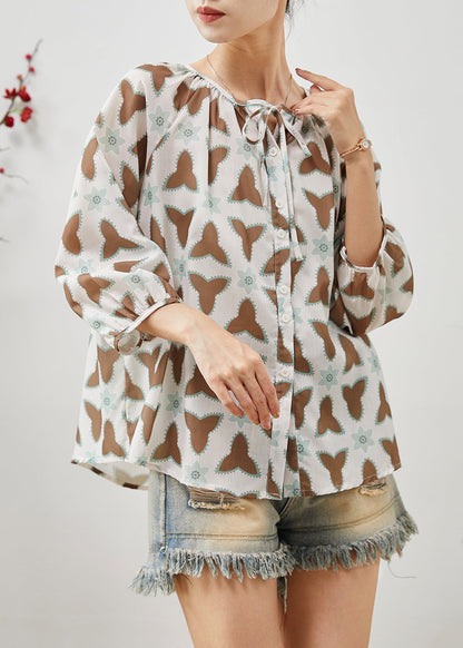 Oversized Print Lace Up Cotton Blouse Tops Summer