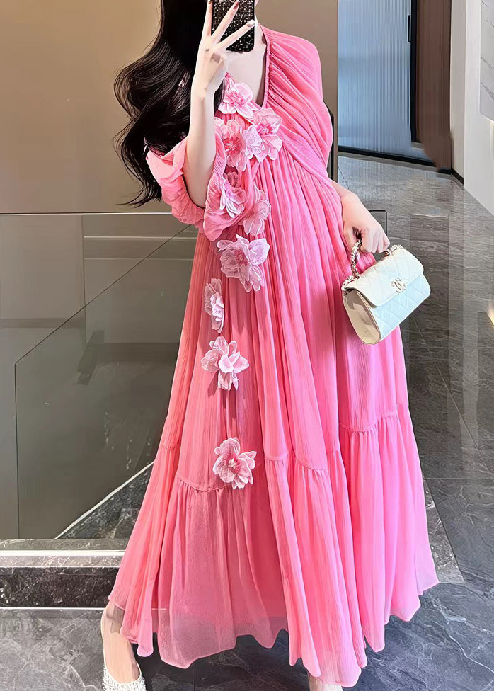 Pink V Neck Silk Vacation Long Dresses Short Sleeve