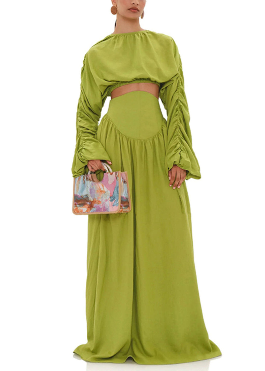 French Green Wrinkled Lace Up Tops and Skirts Cotton Two Pieces Set Spring