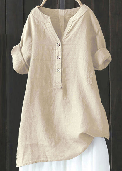 Beige V Neck Cotton T Shirt Top Summer