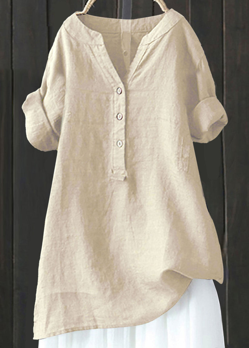Beige V Neck Cotton T Shirt Top Summer