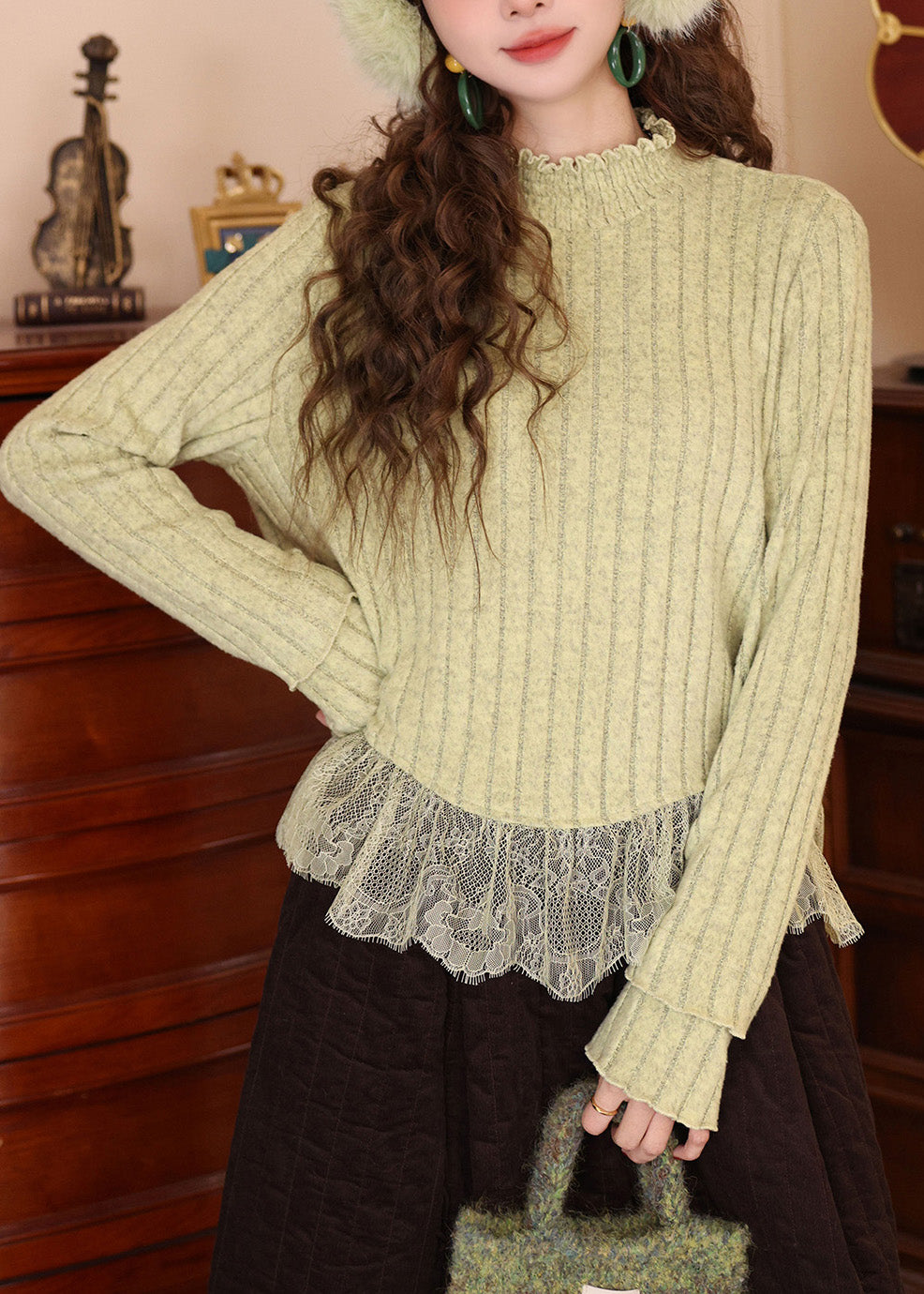 Blue Ruffled Lace Patchwork Knit Top Spring