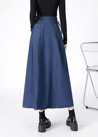 Navy Patchwork Tie Waist Denim Maxi Skirts Spring