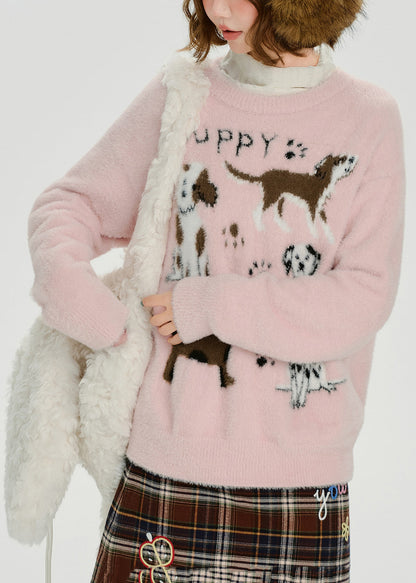 Cozy Pink Puppy Jacquard Knitted Tops Winter