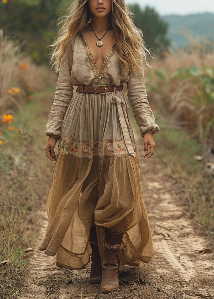 V Neck Print Wrinkled Cotton Long Dress Spring