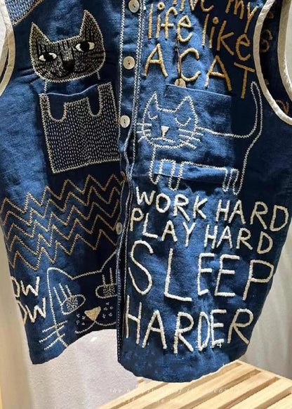 Navy Embroideried Linen Beach Vest Sleeveless