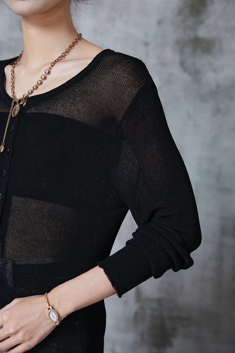 Style Black O-neck Side Open Knit Long Shirt Fall
