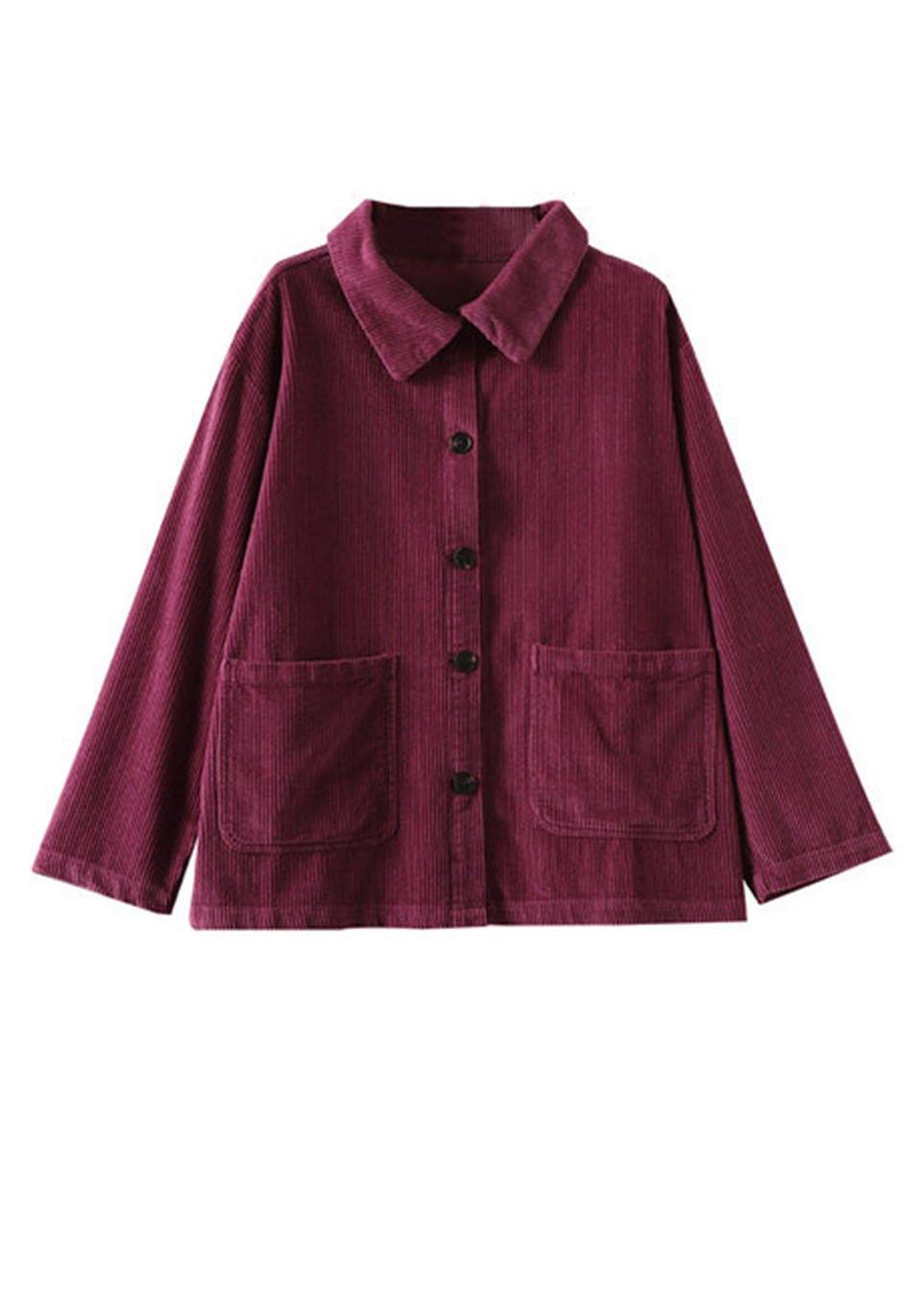 Red Loose Pockets Shirt Top Long Sleeve Corduroy Coat