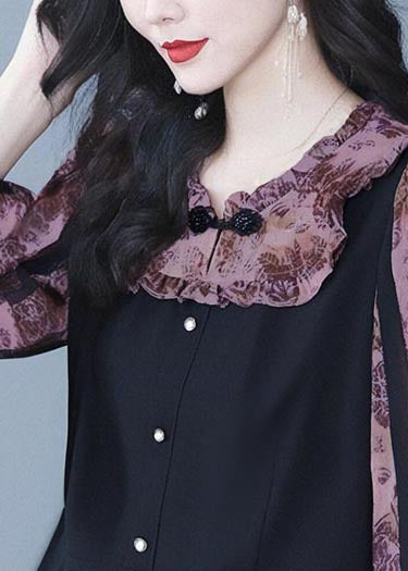 Purple Chinese Button Patchwork Spandex Fake Two Piece Tops Fall