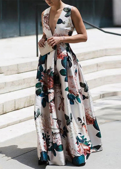 Stylish White V Neck Print Wrinkled Cotton Long Dresses Sleeveless