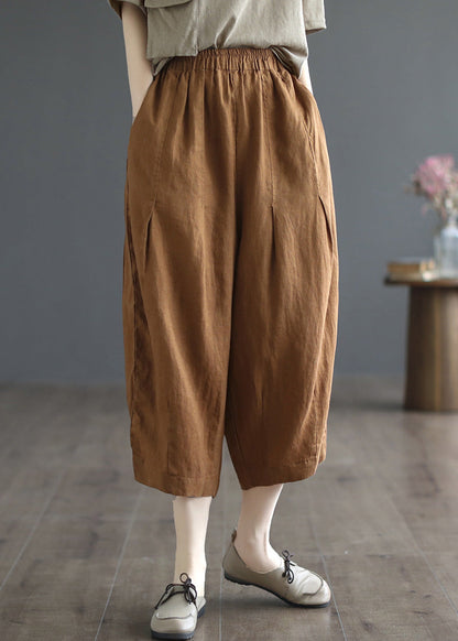 Army Green Pockets Elastic Waist Cozy Linen Wide Leg Pants Summer