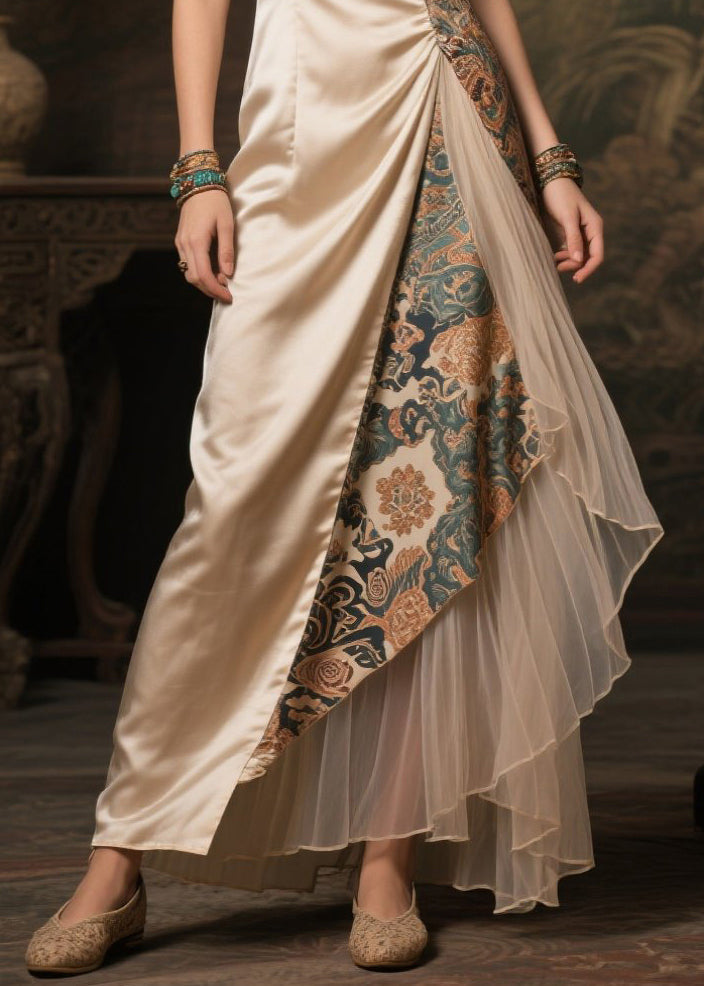 Champagne Asymmetrical Patchwork Jacquard Silk Dress Sleeveless