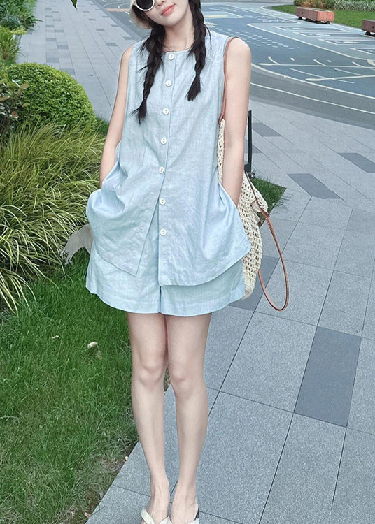 French Blue Tops and Shorts Linen Two Piece Set Summer