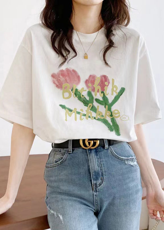 White O Neck Print Cotton T Shirt Short Sleeve