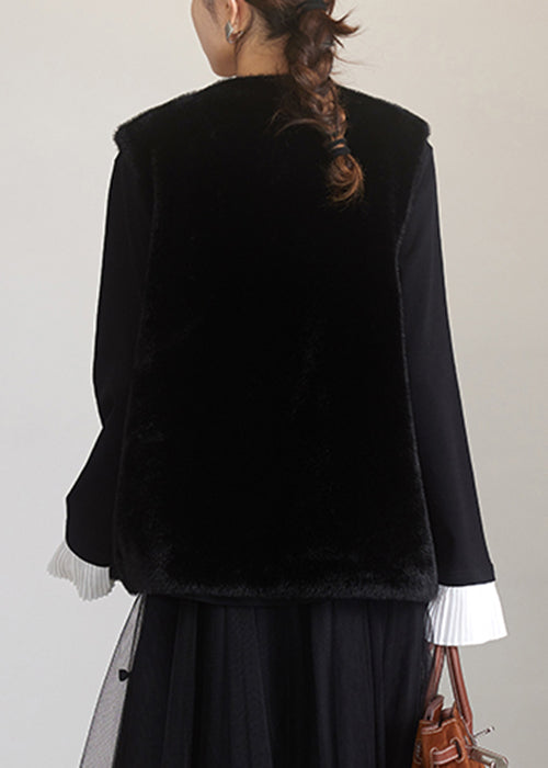 New Coffee Button Pockets Leather and Fur Waistcoat Sleeveless