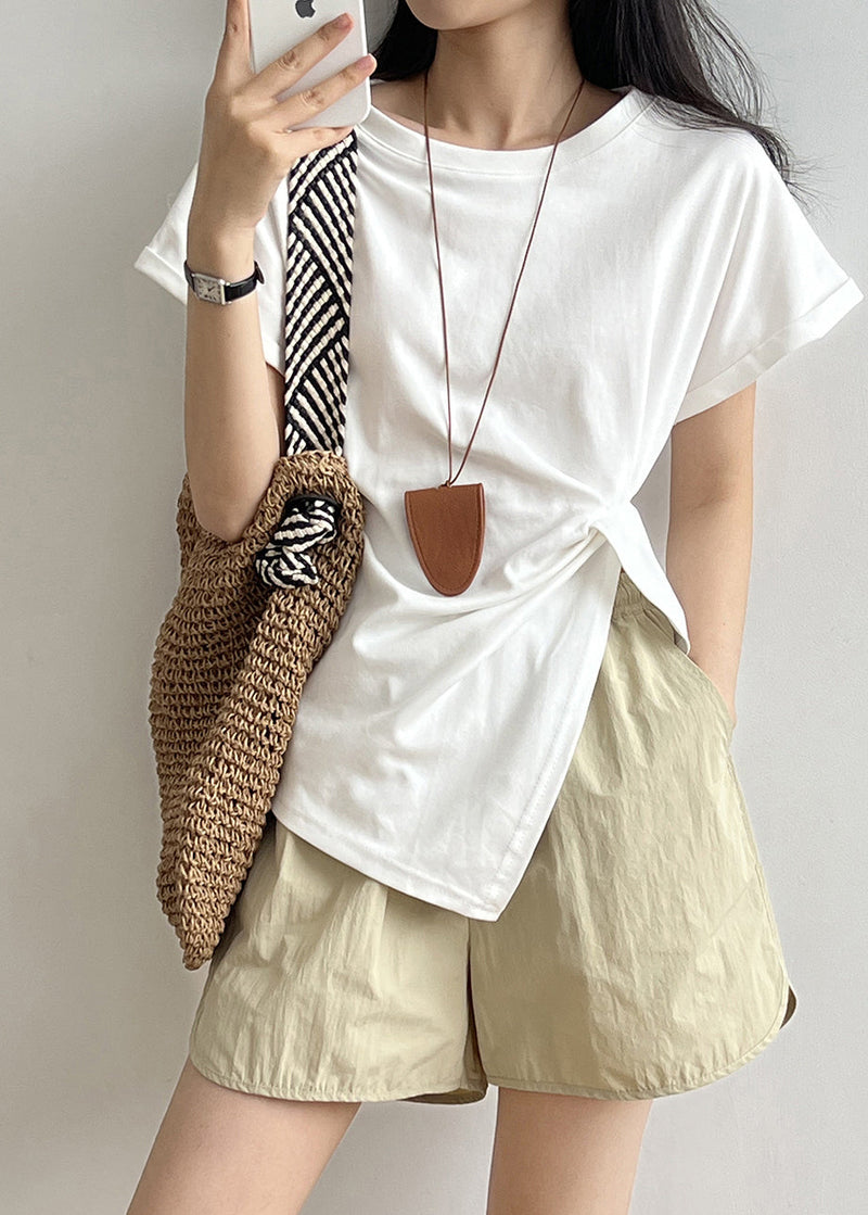 Apricot O Neck Asymmetrical Design Cotton T Shirt Summer