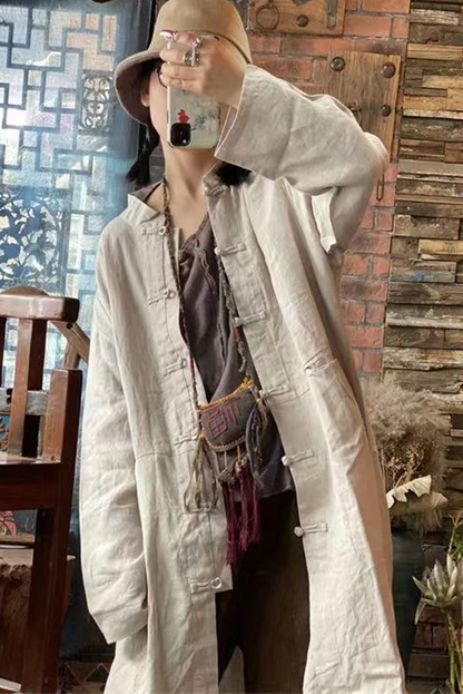 - White Linen Buckle Long Coat