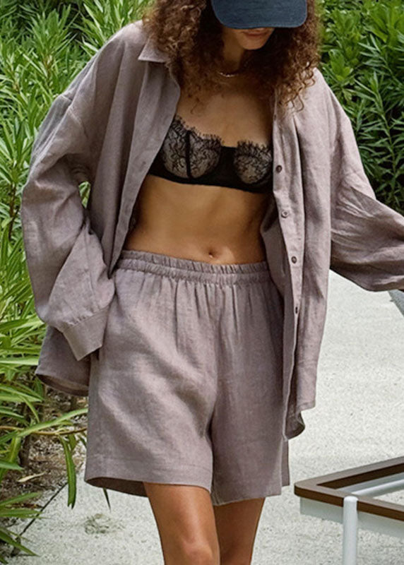 Grey Peter Pan Collar Shirts and Shorts Two Pieces Set Fall