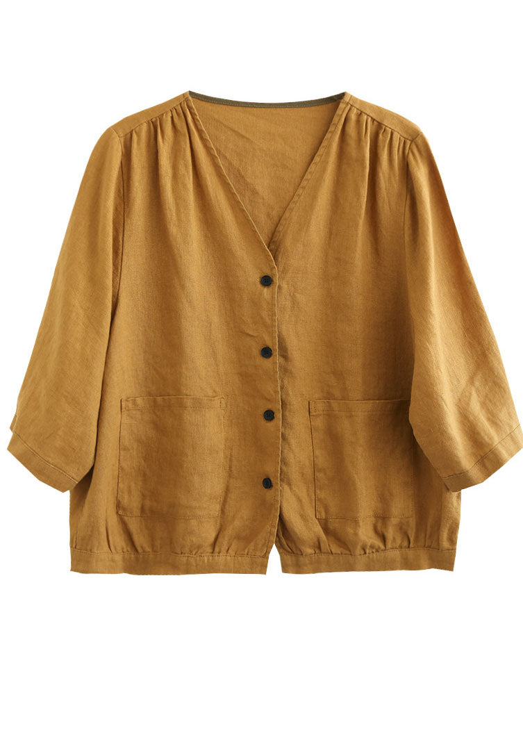 Yellow V Neck Pockets Linen Shirt Tops Half Sleeve