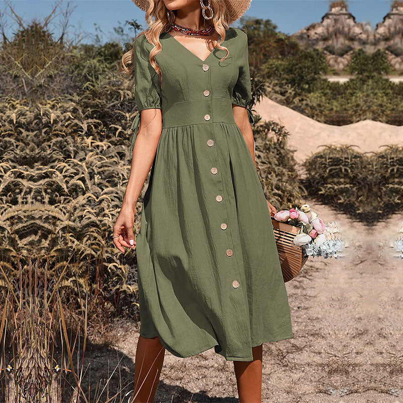 Short Sleeve V-neck Plain Cotton and Linen Dress
