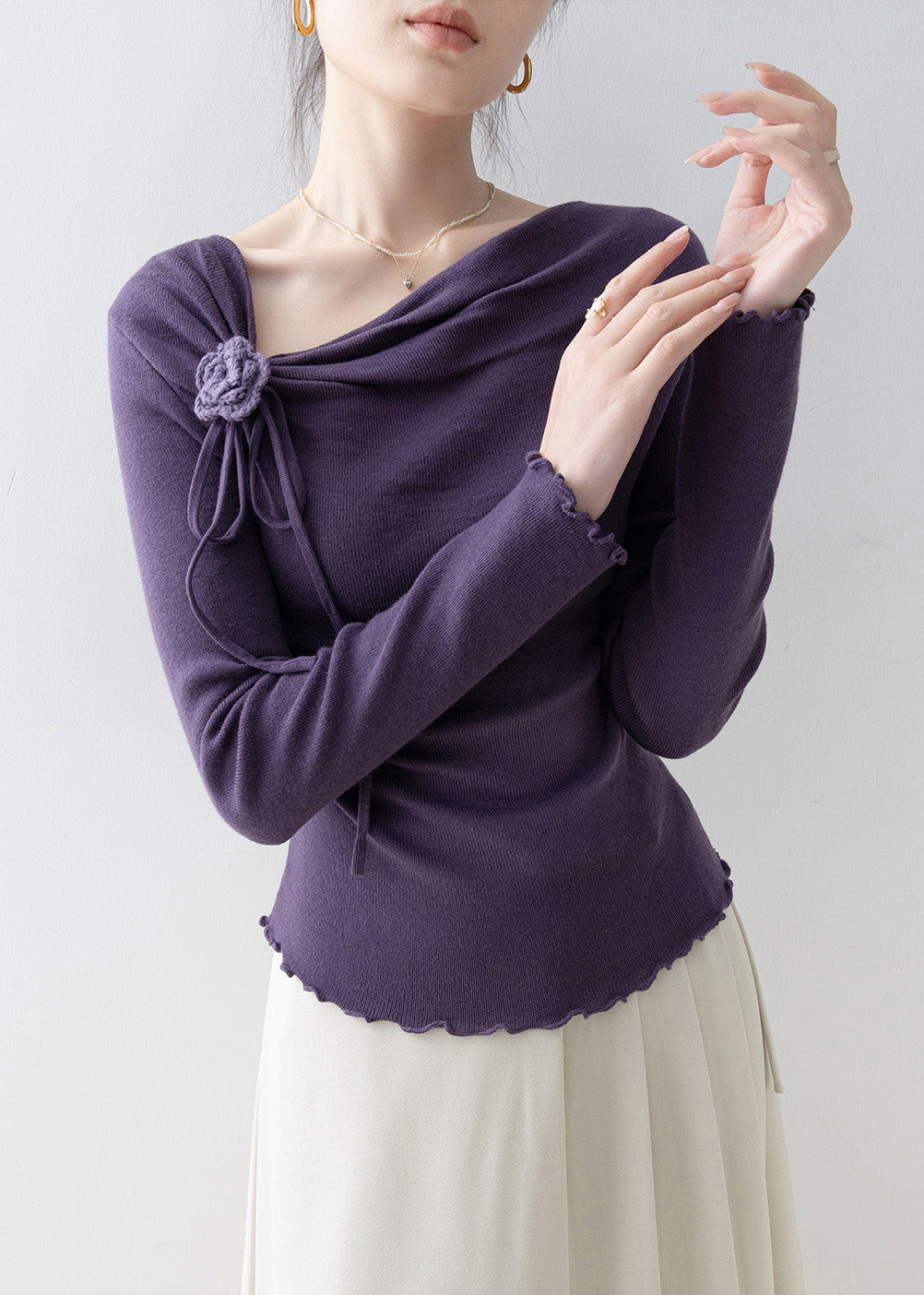 French Purple Slash Neck Ruffled Knit Top Spring