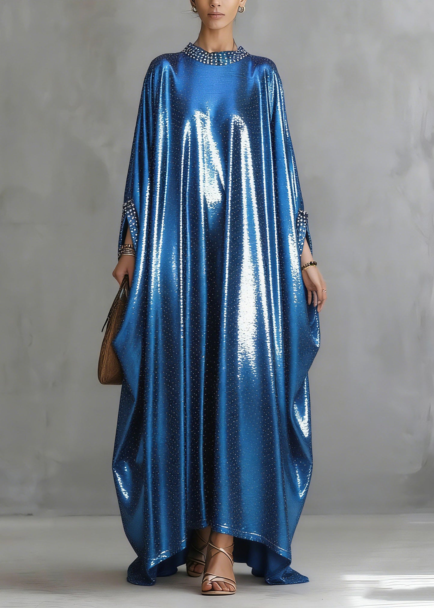 Blue Nail Bead Silk Long Dress Spring