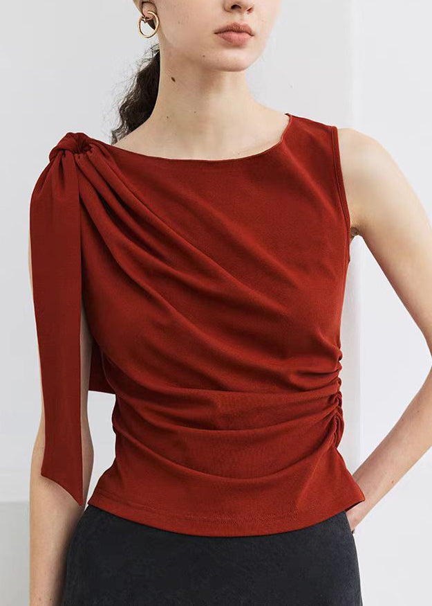 Red Slash Neck Bow Wrinkled Top Sleeveless