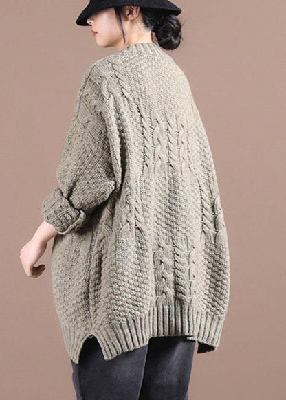 Khaki Loose Cable Knit Fall Long Knit Top
