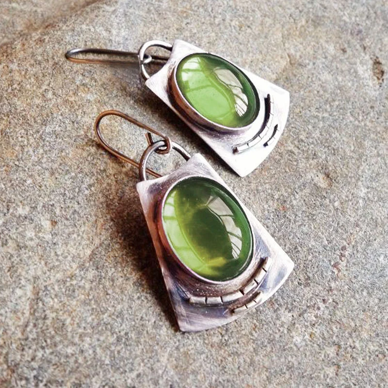 Green Inlaid Glass Silver Earrings