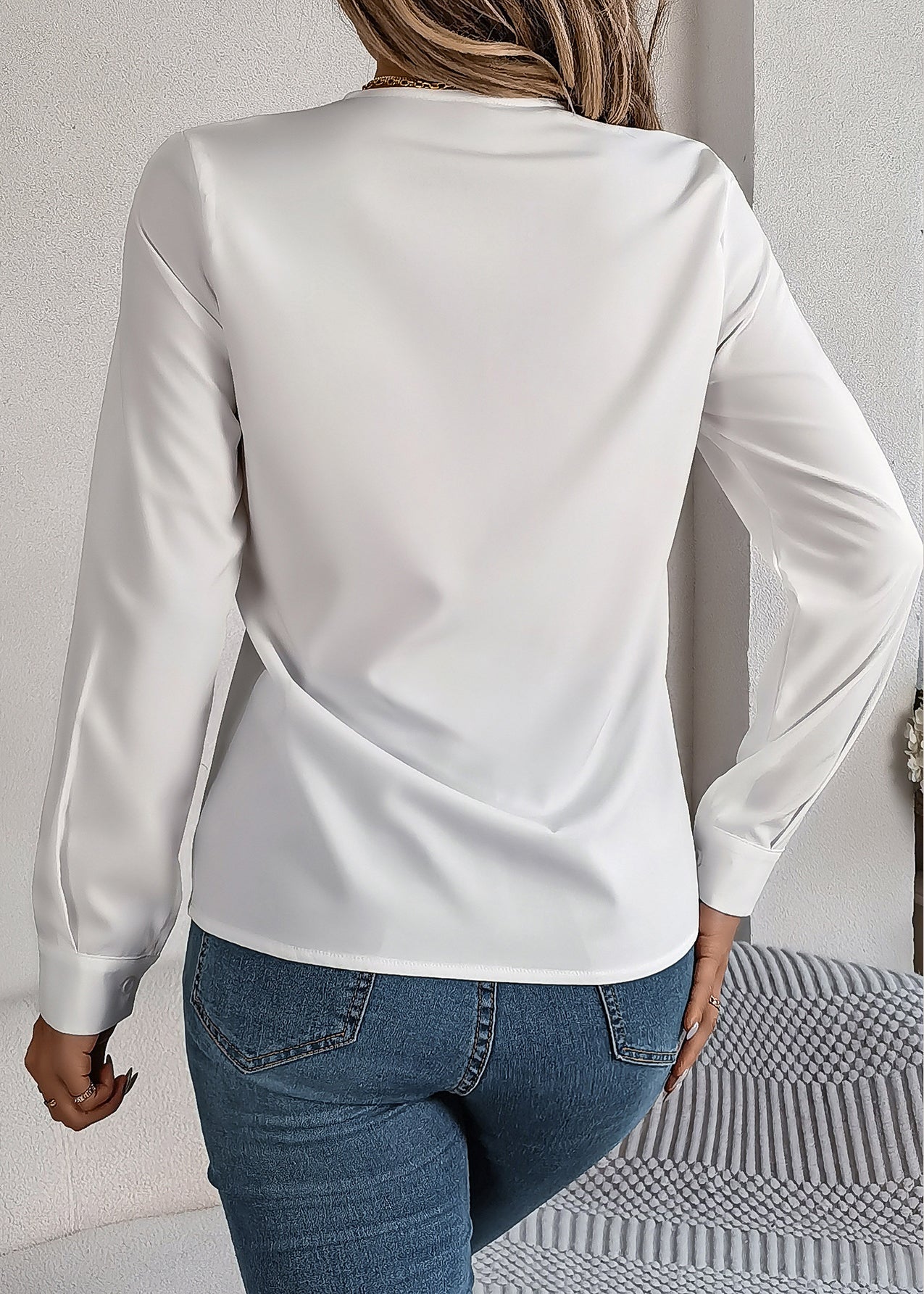 White V Neck Patchwork Cotton Shirt Fall