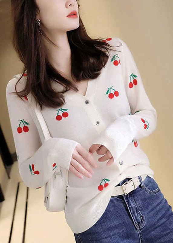 Black V Neck Embroideried Button Woolen Knit Cardigan Long Sleeve