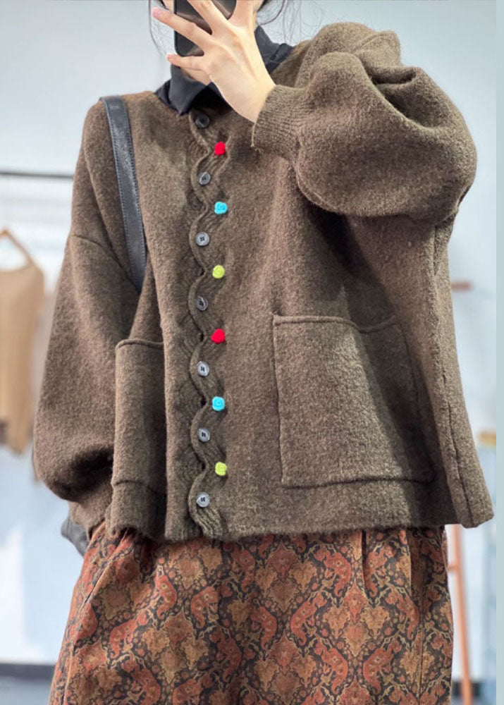 Green O Neck Pockets Button Knit Coat Spring
