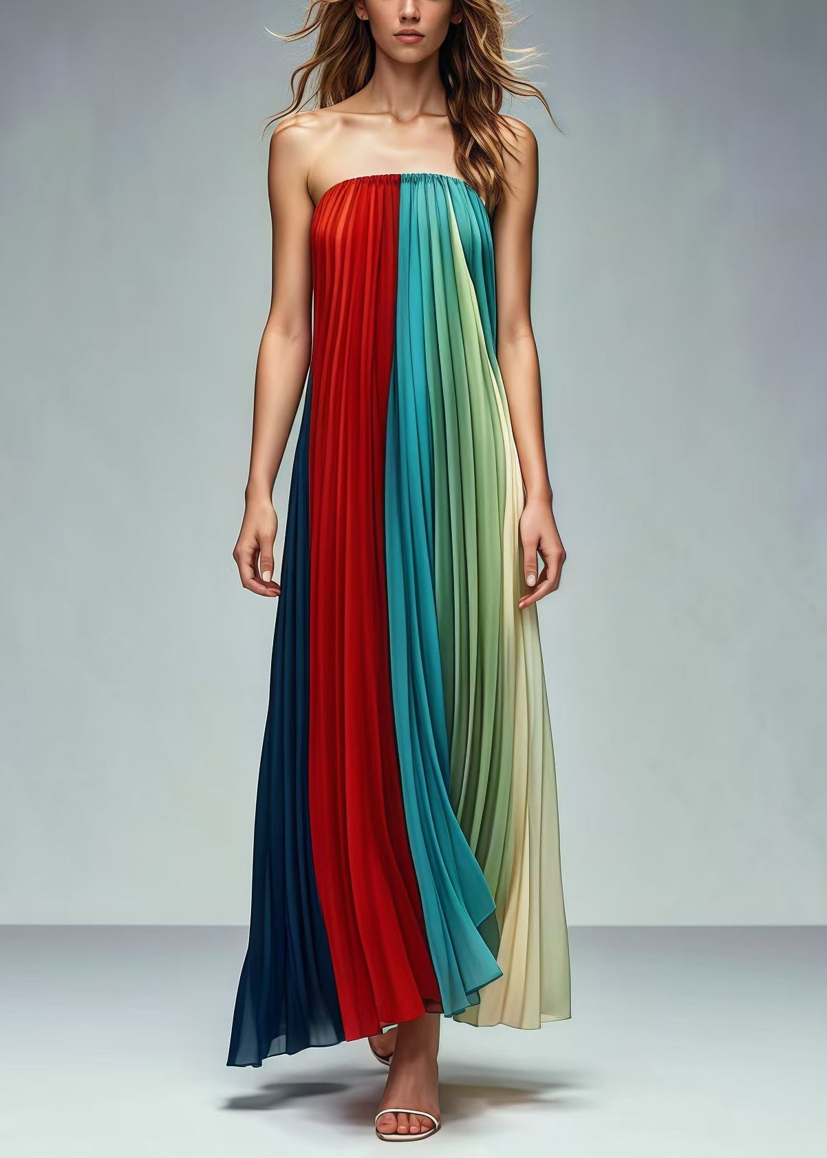 Colorblock Patchwork Wrinkled Chiffon Strapless Dresses Summer