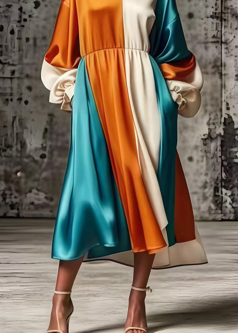 Orange Oversized Patchwork Silk Vacation Dresses Spring