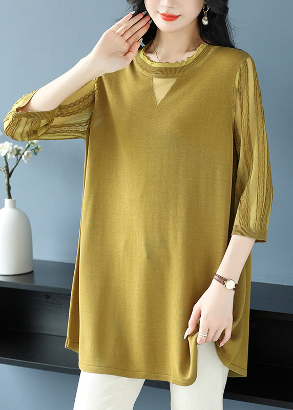 Green O Neck Patchwork Ice Silk Knitted Tops Half Sleeve