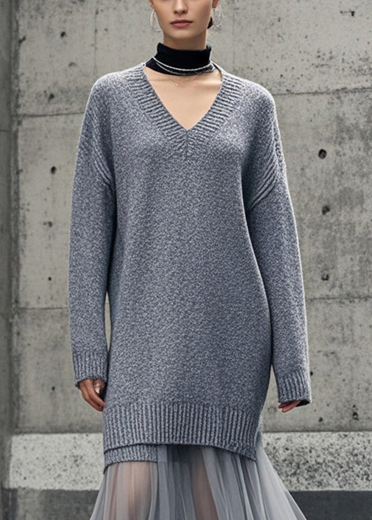 Grey V Neck Patchwork Tulle Knitwear Dress Winter