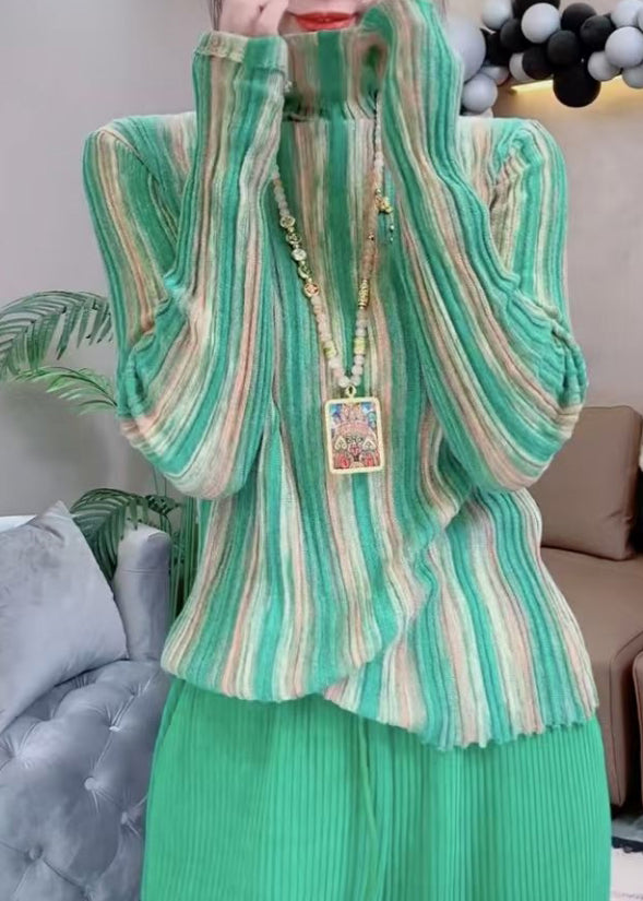 Green Hign Neck Striped Knit Blouse Tops Spring